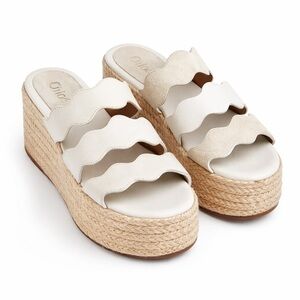 Chloé White Scalloped Leather Platform Espadrille Sandals Size 36 Made in Spain